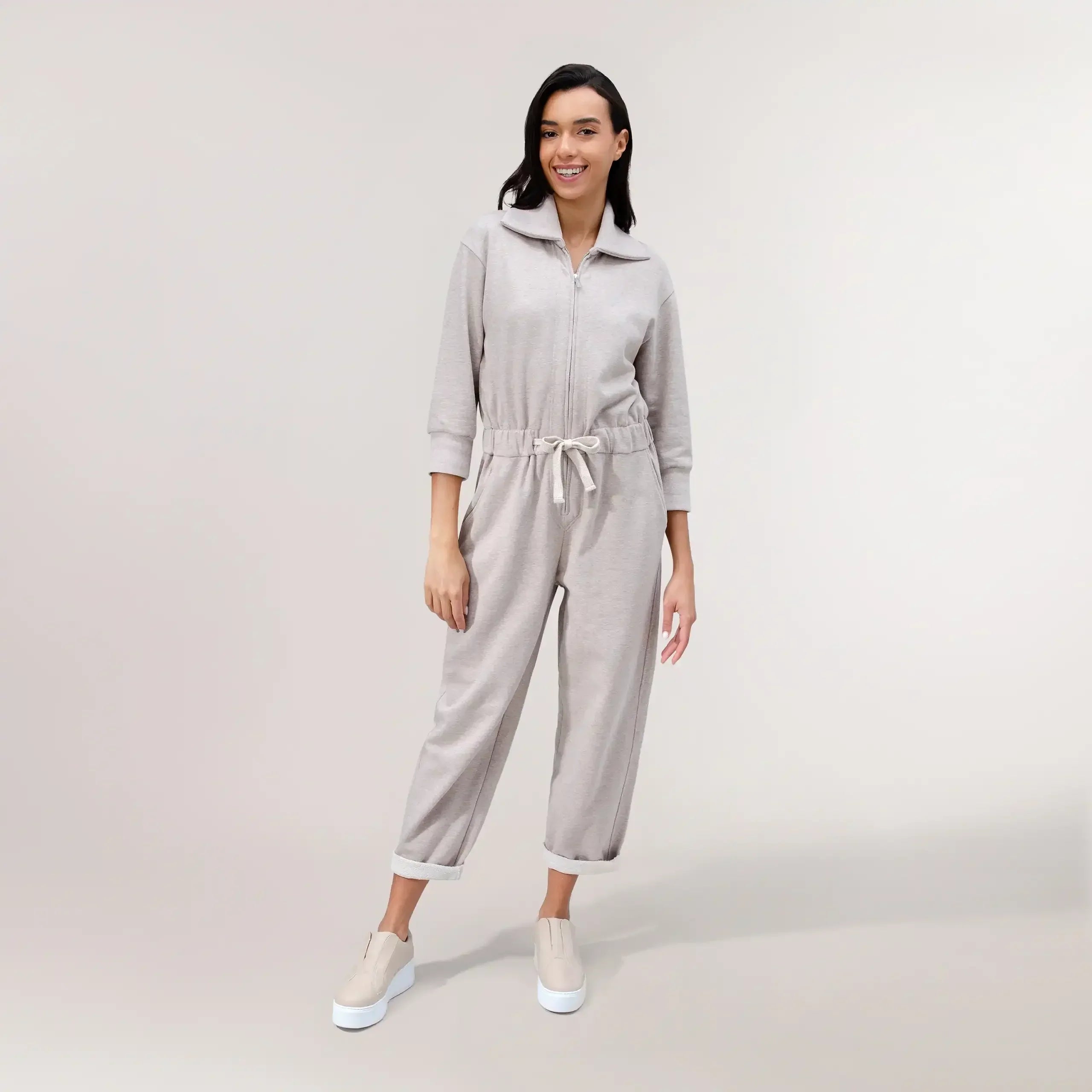 Zip Front Jumpsuit - SEASONAL OATMEAL MELANGE