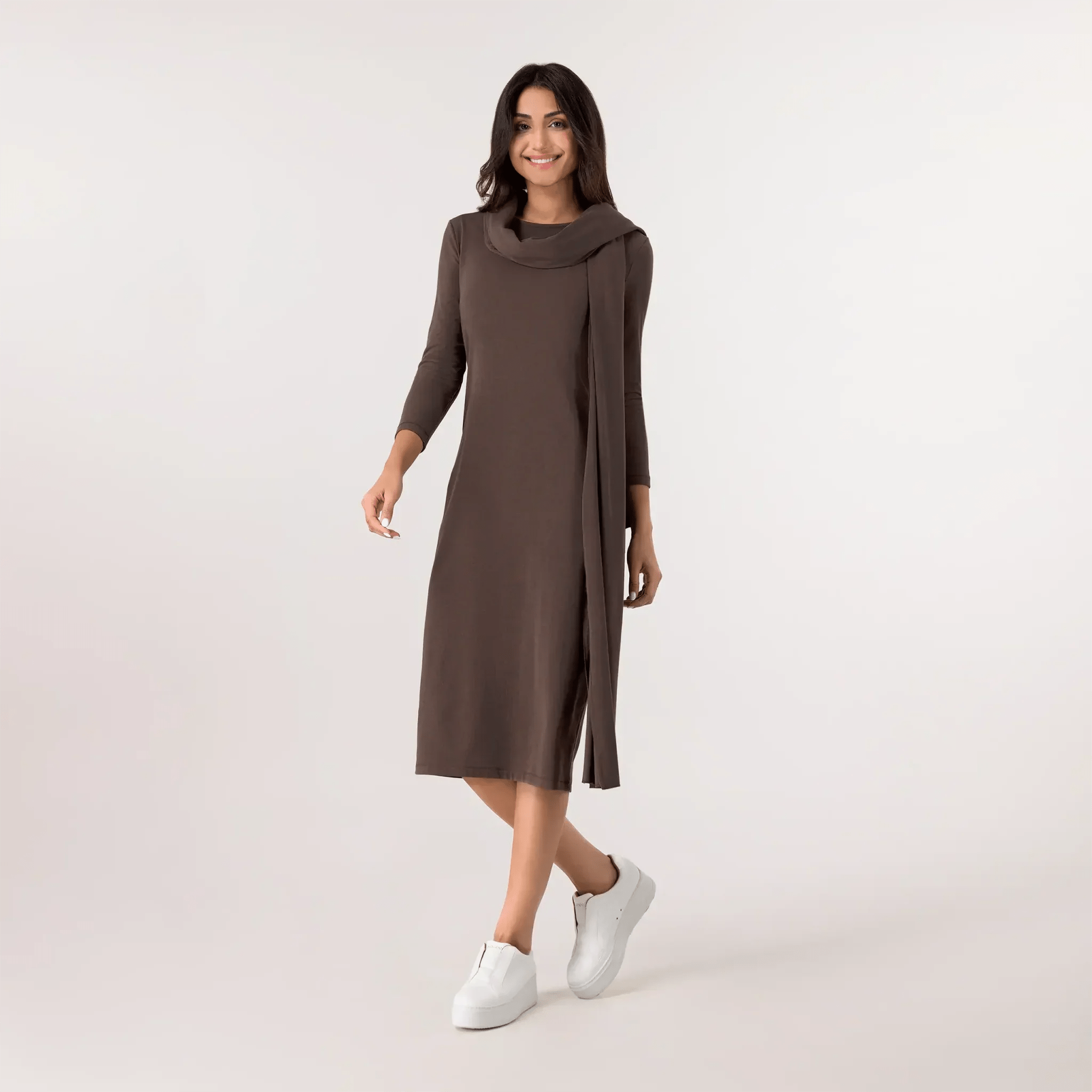 Jersey Dress And Scarf Ensemble - SEASONAL CHOCOLATE