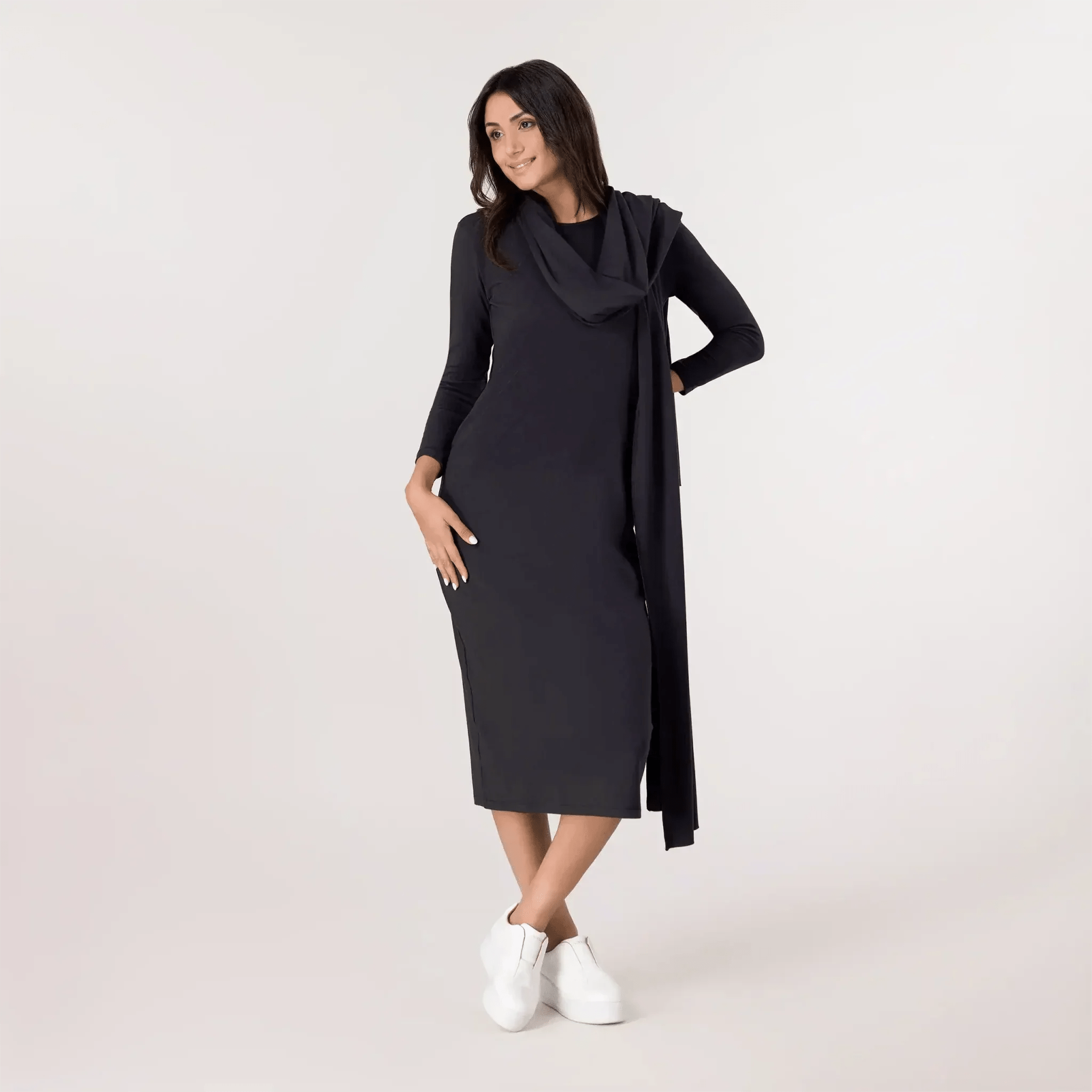 Jersey Dress And Scarf Ensemble - SEASONAL BLACK