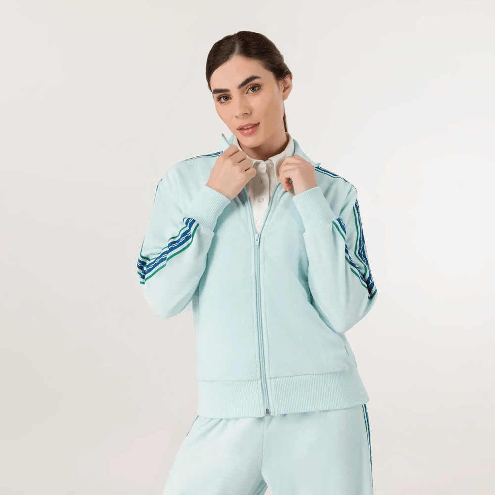 Light blue velour track jacket with zip front - جاكيت رياضي من القطيفة باللون الأزرق الفاتح بسحّاب أمامي