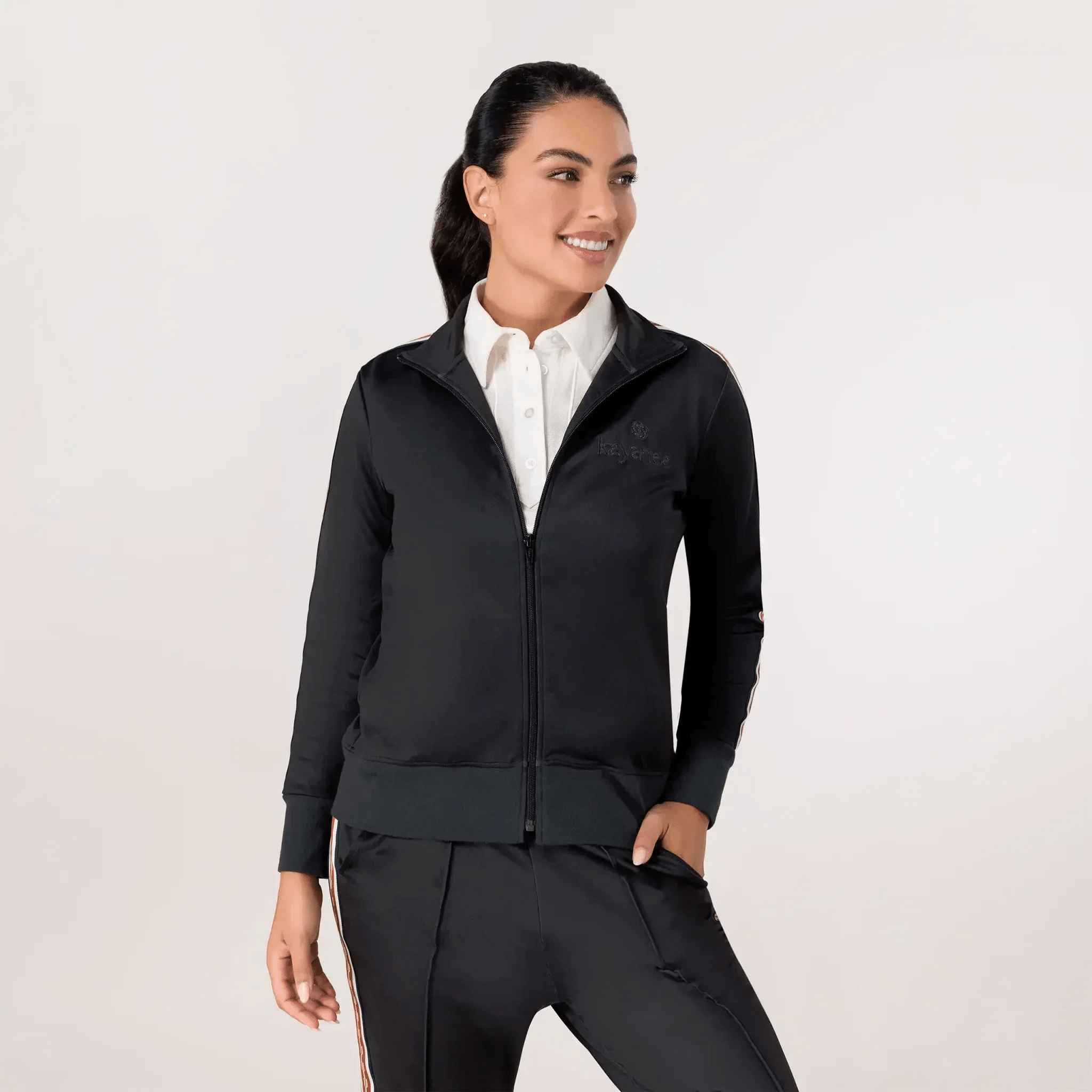 Black track jacket with zip front and sporty silhouette - سترة رياضية سوداء بسحاب أمامي وتصميم رياضي
