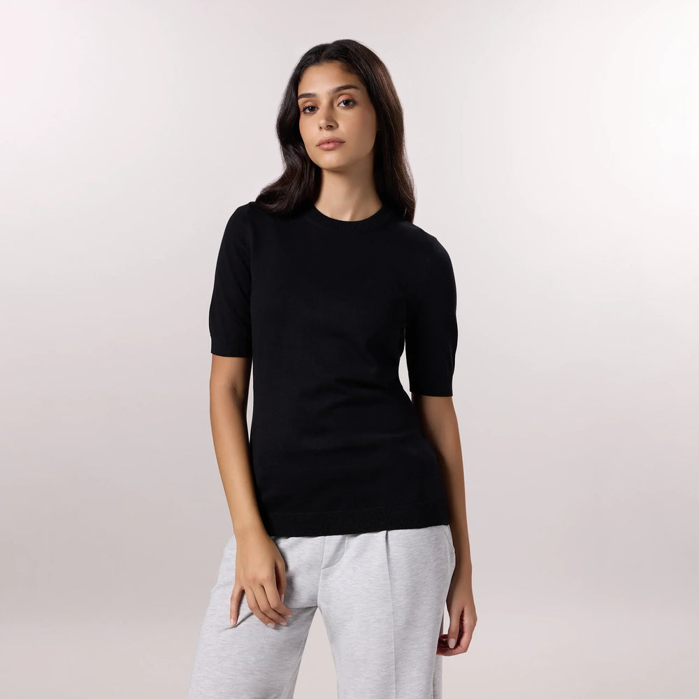 Short Sleeve Knit Sweater - SEASONAL BLACK