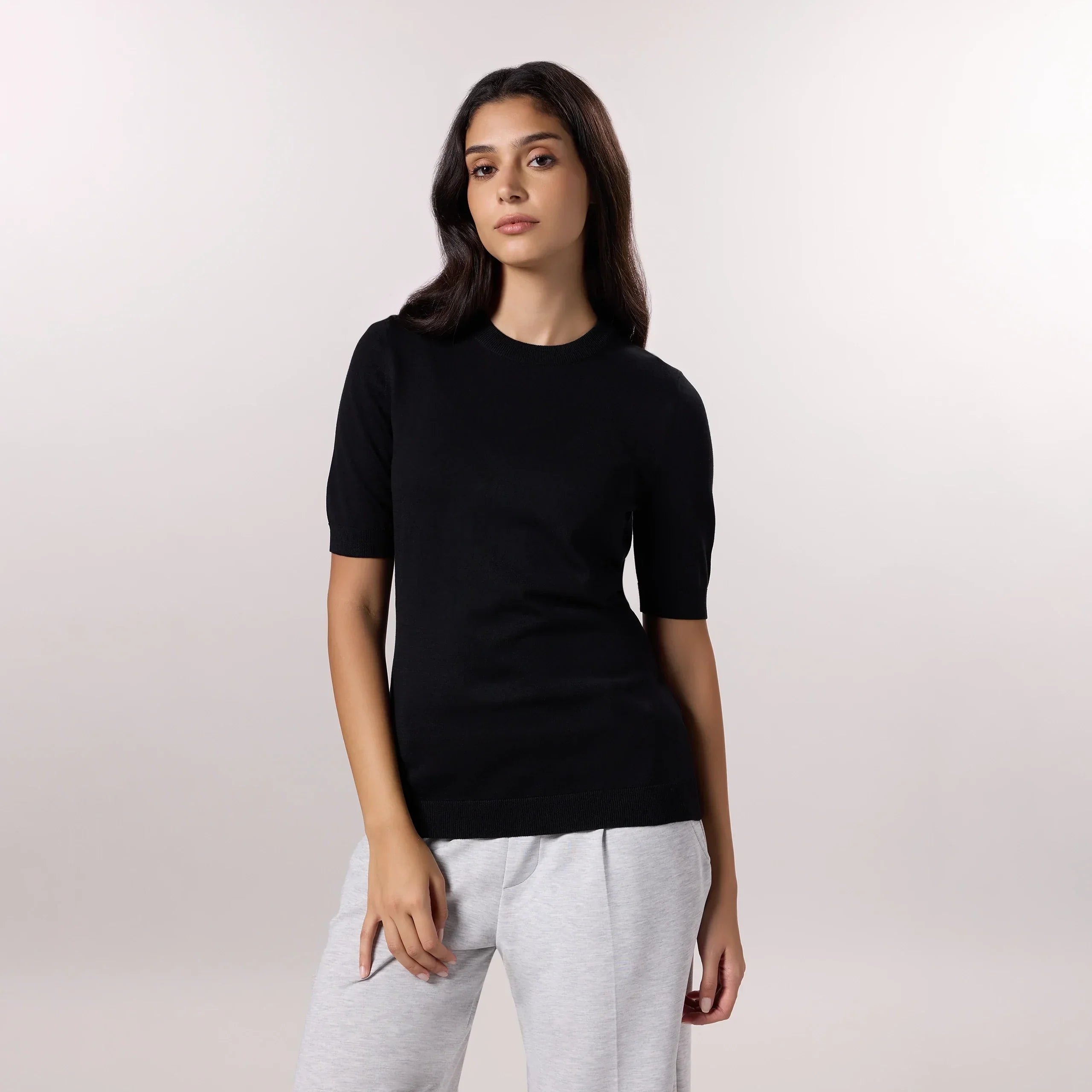 Short Sleeve Knit Sweater - SEASONAL BLACK