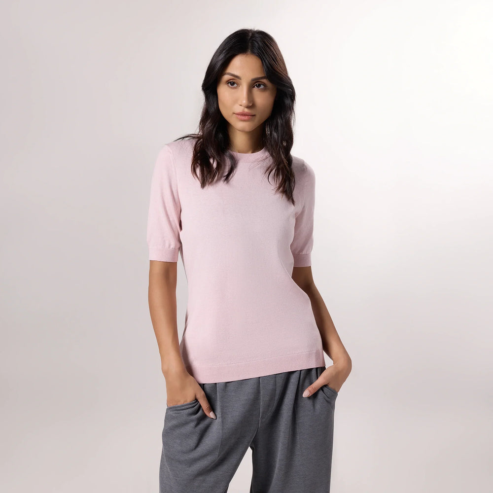 Short Sleeve Knit Sweater - SEASONAL PINK