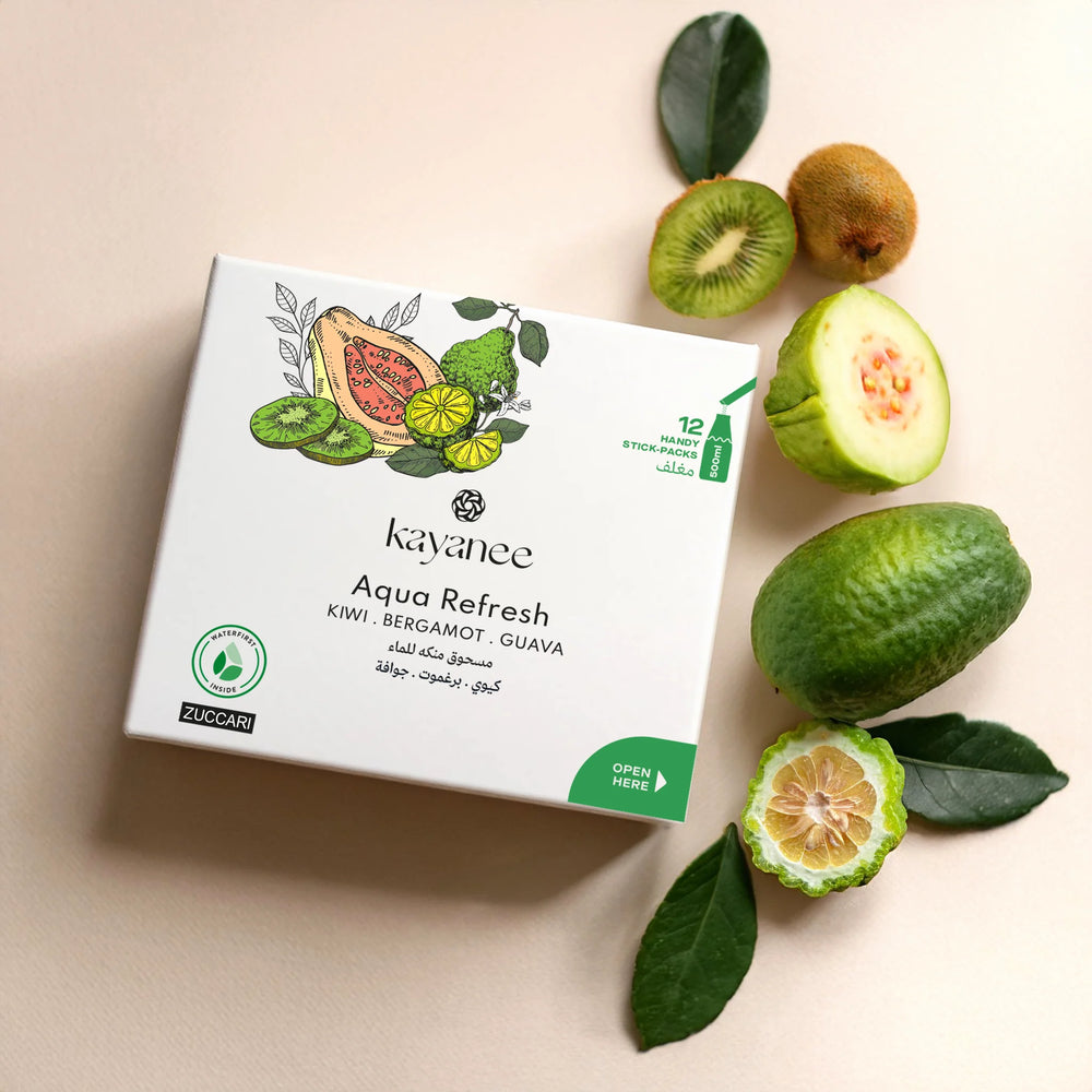 Kayanee aqua refresh hydration powder with kiwi, bergamot, & guava - بودرة ترطيب كياني أكوا ريفرش مع الكيوي والبرغموت والجوافة