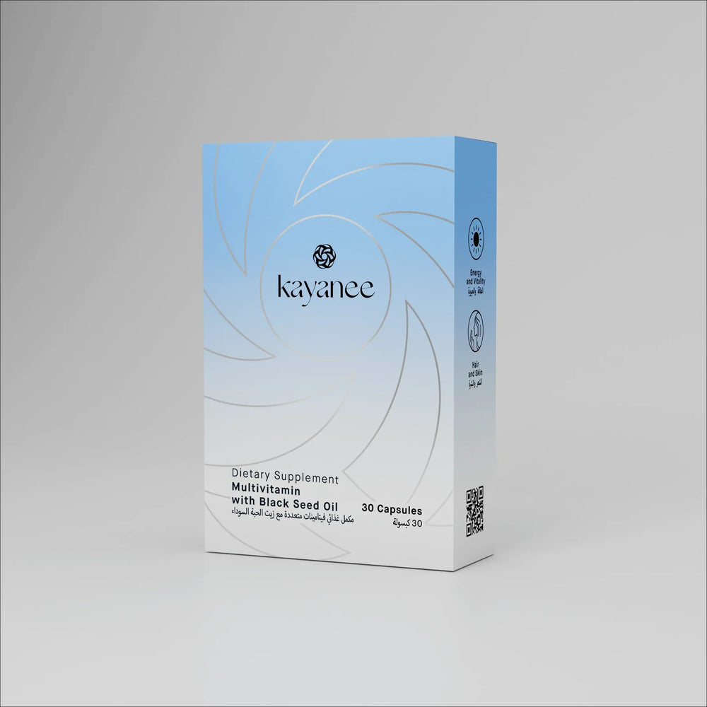 Side close up for 30 capsule multivitamin with Black Seed Oil - صورة جانبية لمنتج الفيتامينات المتعددة بزيت حبة البركة الذي يحتوي على 30 كبسولة