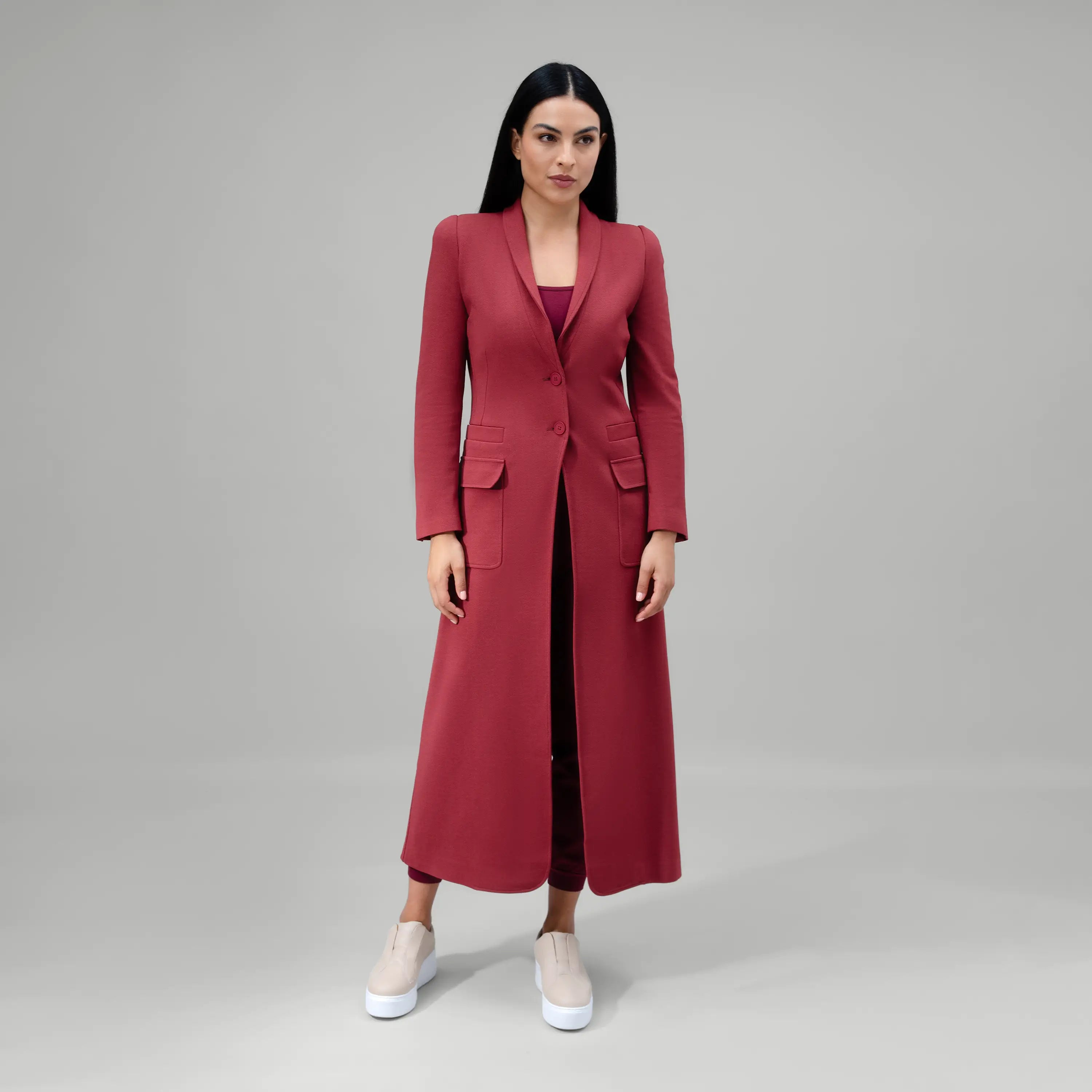 Grape red abaya blazer with active structured fit - عباية بليزر أنيقة باللون الأحمر العنبي بتصميم هيكلي ونشط