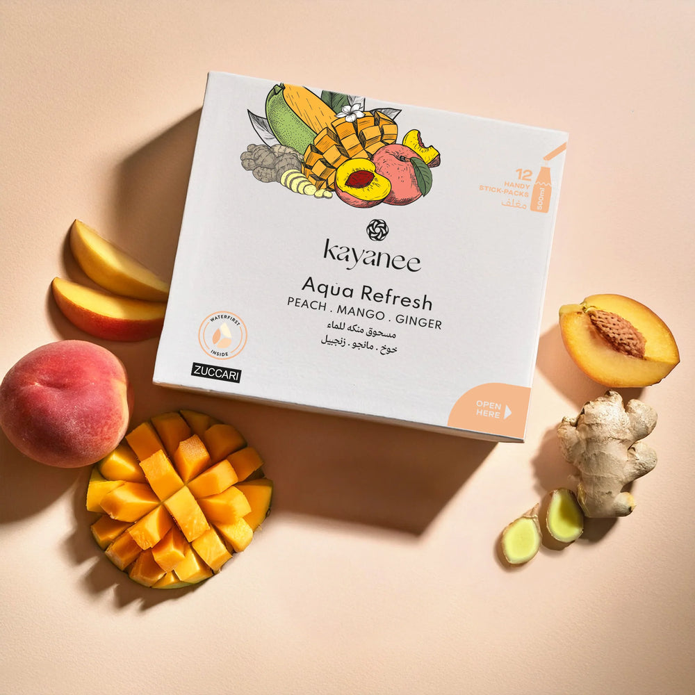 12-packets package of hydration powder with peach, mango, & ginger - عبوة مكونة من 12 كيس من مسحوق الترطيب بنكهة الخوخ، المانجو والزنجبيل