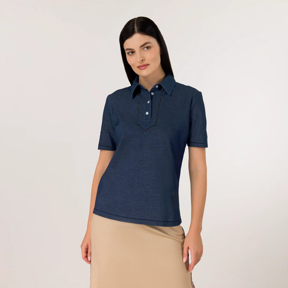 Navy blue polo top with short sleeves & button-up collar - توب بولو أزرق داكن بأكمام قصيرة وياقة بأزرار