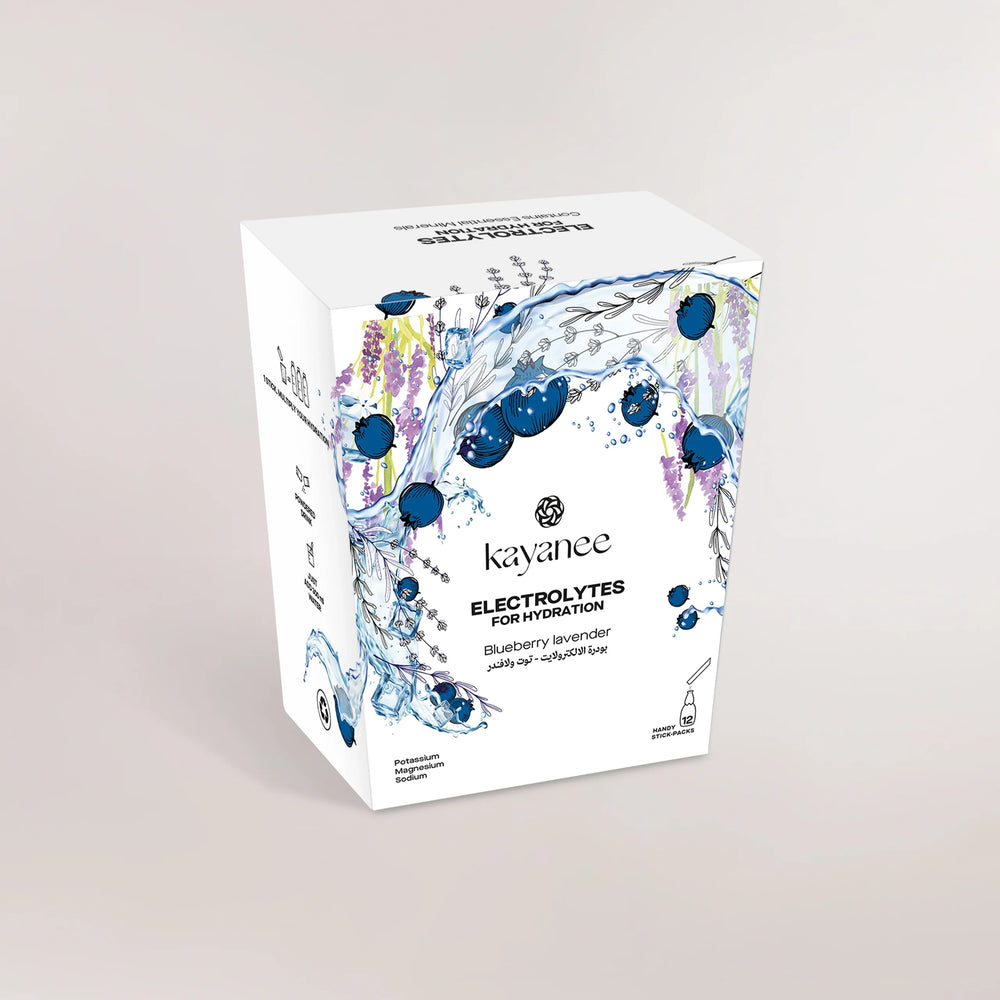 Front view of electrolytes blueberry lavender box - منظر أمامي لعلبة الإلكتروليت بالعنب البري واللافندر