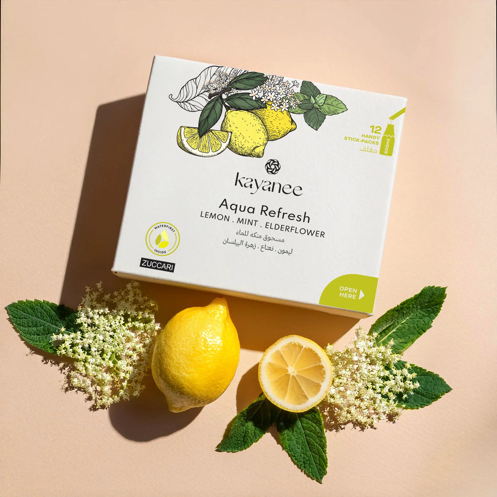 Aqua refresh hydration powder with lemon, mint, & elderflower flavor - مسحوق منكة للماء أكوا ريفرش بنكهة الليمون، النعناع، وزهر البلسان